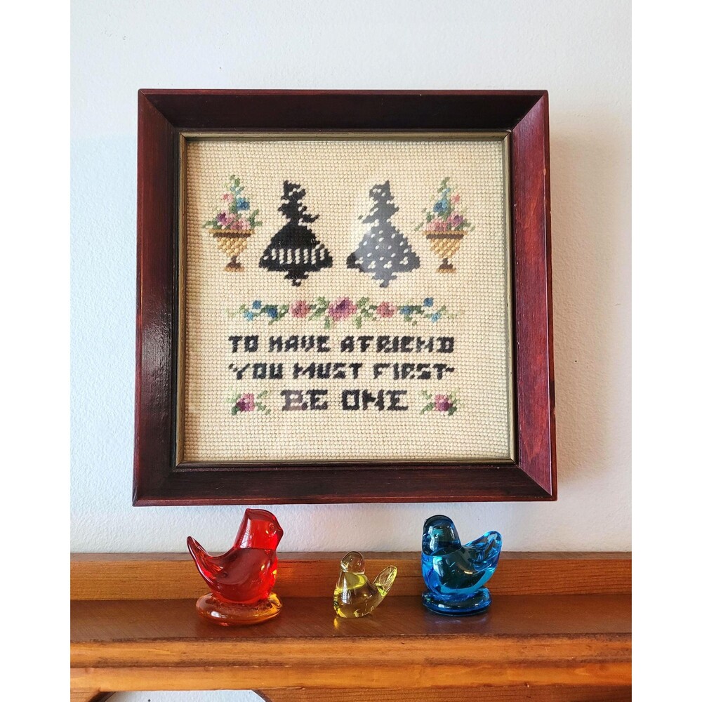 Vintage Needlepoint Friend Completed Framed Wall Art 9 x 9